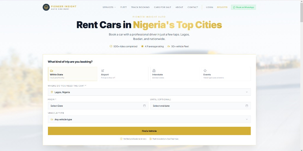 Pioneer Insight Auto chauffeur car rental booking website